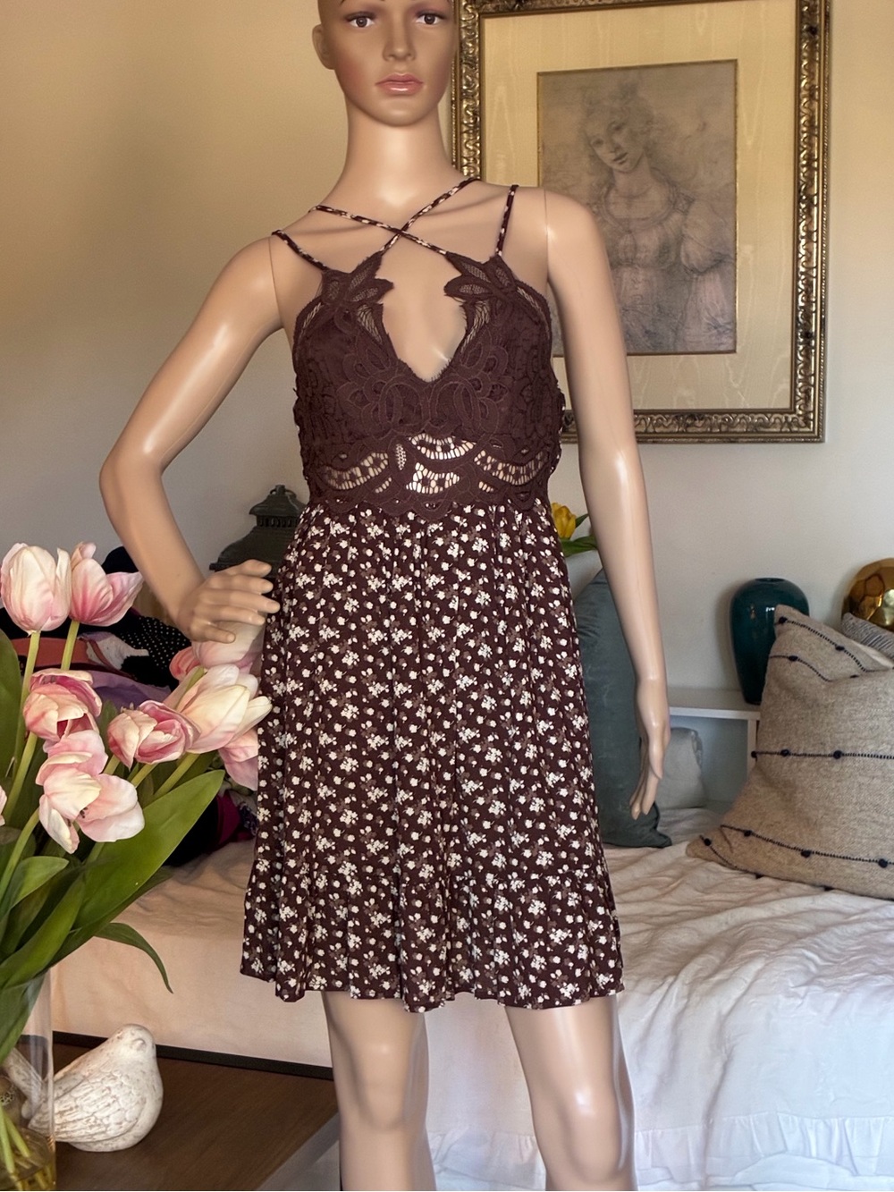 Trixxi Brown Lace Bodice Floral Mini Dress